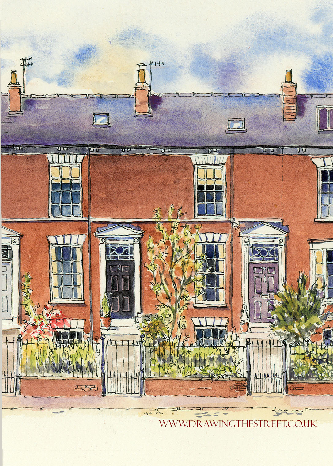 gerogian red brick terraced houses drawn by artist ronnie cruwys