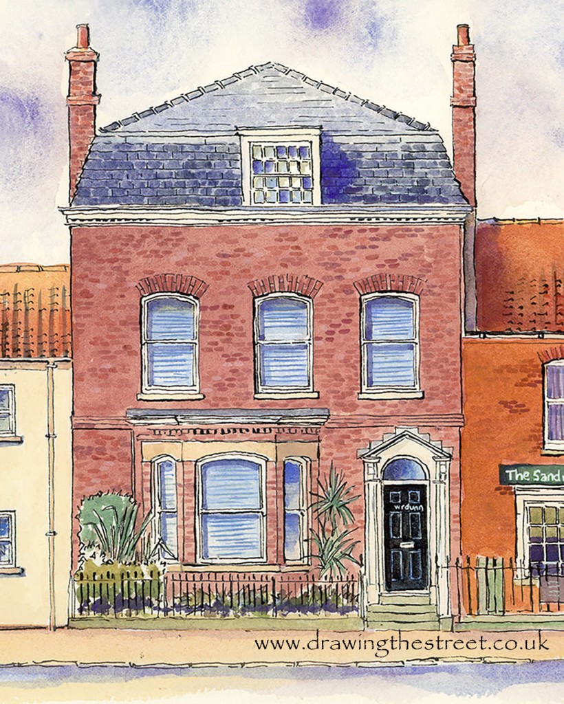 Painting of 27 Front Street, Acomb, York conservation area as part of a series of drawings by Ronnie Cruwys. The building is red brick, three storey and occupied by WR Dunn